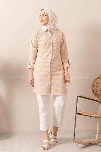 Modalamelif Önü Düğmeli Çizgili Gömlek Sütlü Kahve