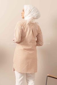 Modalamelif Önü Düğmeli Çizgili Gömlek Sütlü Kahve