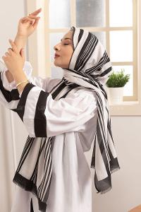 Modalamelif Siyah Beyaz Şerit Desenli Şal