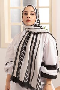 Modalamelif Siyah Beyaz Şerit Desenli Şal