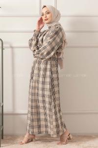 Modalamelif Balon Kol Kuşaklı Elbise Bej