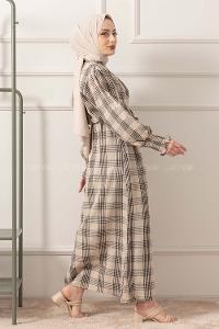 Modalamelif Balon Kol Kuşaklı Elbise Bej