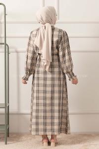 Modalamelif Balon Kol Kuşaklı Elbise Bej