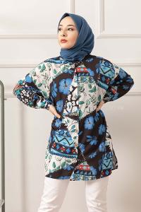 Modalamelif Etnik Desen Dijital Baskı Gömlek Siyah