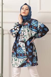 Modalamelif Etnik Desen Dijital Baskı Gömlek Siyah