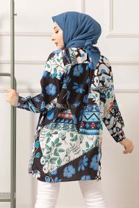 Modalamelif Etnik Desen Dijital Baskı Gömlek Siyah