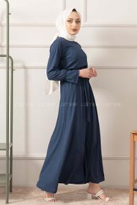 Modalamelif Kuşak Kemerli Fitilli Elbise İndigo