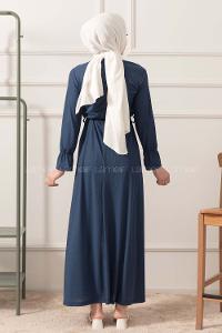 Modalamelif Kuşak Kemerli Fitilli Elbise İndigo