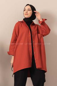 Modalamelif Kapaklı Tek Cepli Tahta Düğmeli Gömlek Kiremit