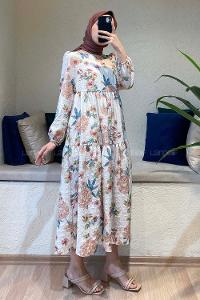 Modalamelif Kol Lasikli Çiçek Desenli Elbise Ekru