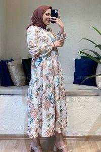 Modalamelif Kol Lasikli Çiçek Desenli Elbise Ekru