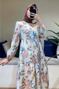 Modalamelif Kol Lasikli Çiçek Desenli Elbise Ekru