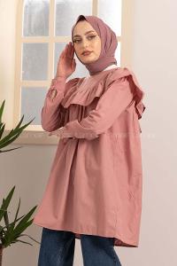 Modalamelif Kol Lastikli Yaka Fırfırlı Tunik Gül