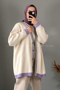 Modalamelif  Renk Detaylı Triko Hırka Krem Lila