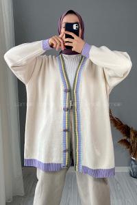 Modalamelif  Renk Detaylı Triko Hırka Krem Lila