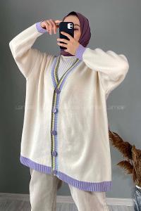 Modalamelif  Renk Detaylı Triko Hırka Krem Lila