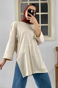 Modalamelif Düşük Kol Oversize T-Şhirt Bej