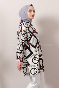 Modalamelif Geometrik Desen Dijital Baskı Gömlek Siyah