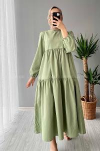 Modalamelif Kol Lastikli Fırfırlı Elbise Çağla