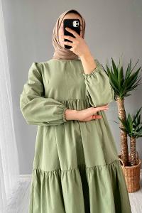 Modalamelif Kol Lastikli Fırfırlı Elbise Çağla
