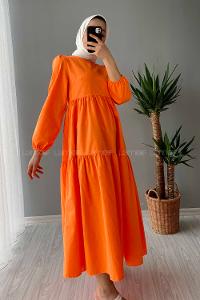Modalamelif Kol Lastikli Fırfırlı Elbise Oranj