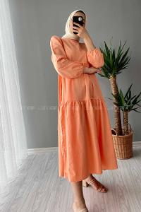 Modalamelif Kol Lastikli Fırfırlı Elbise Pudra