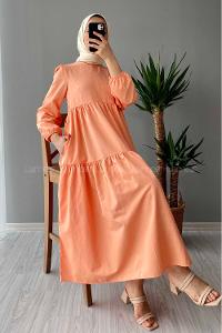 Modalamelif Kol Lastikli Fırfırlı Elbise Pudra