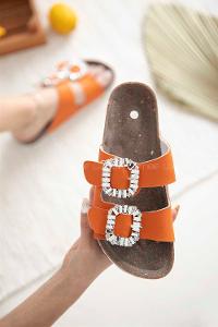 Modalamelif Volinda Kadın Taşlı Tokalı Deri Terlik Oranj