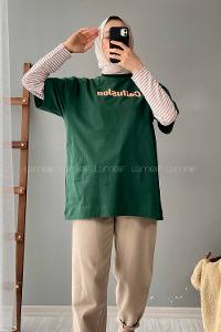 Modalamelif Bisiklet Yaka Yazı Baskılı T-Shirt Yeşil