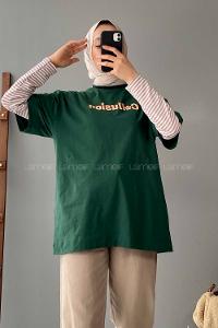 Modalamelif Bisiklet Yaka Yazı Baskılı T-Shirt Yeşil