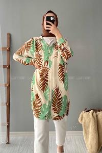 Modalamelif Yaprak Desen Dokuma Gömlek Yeşil-Kahve