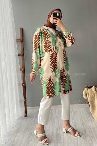 Modalamelif Yaprak Desen Dokuma Gömlek Yeşil-Kahve