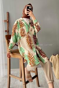 Modalamelif Yaprak Desen Dokuma Gömlek Yeşil-Kahve