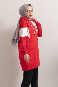 Modalamelif Gümüş Garnili Kapşonlu Sweatshirt Kırmızı