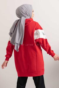 Modalamelif Gümüş Garnili Kapşonlu Sweatshirt Kırmızı