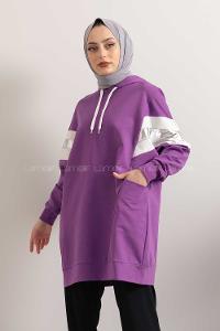 Modalamelif Gümüş Garnili Kapşonlu Sweatshirt Mor