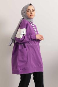 Modalamelif Gümüş Garnili Kapşonlu Sweatshirt Mor