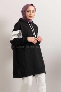 Modalamelif Gümüş Garnili Kapşonlu Sweatshirt Siyah