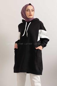 Modalamelif Gümüş Garnili Kapşonlu Sweatshirt Siyah