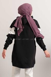 Modalamelif Gümüş Garnili Kapşonlu Sweatshirt Siyah