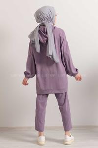 Modalamelif Önü Çiçek Baskılı Kapşonlu İkili Takım Lila