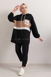 Modalamelif Önü Çiçek Baskılı Kapşonlu İkili Takım Siyah