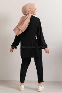 Modalamelif Önü Çiçek Baskılı Kapşonlu İkili Takım Siyah