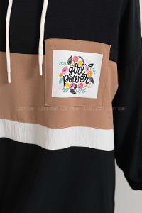 Modalamelif Önü Çiçek Baskılı Kapşonlu İkili Takım Siyah