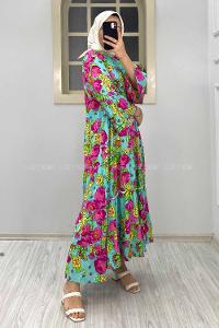 Modalamelif Çiçek Desenli Yaka Bağlamalı Elbise Fuşya