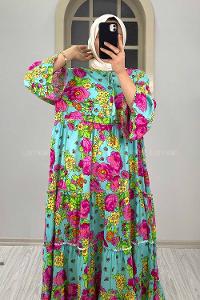 Modalamelif Çiçek Desenli Yaka Bağlamalı Elbise Fuşya