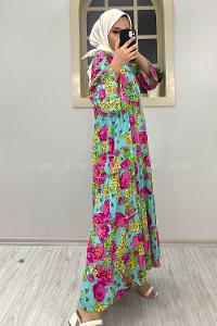 Modalamelif Çiçek Desenli Yaka Bağlamalı Elbise Fuşya