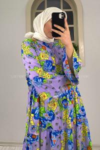 Modalamelif Çiçek Desenli Yaka Bağlamalı Elbise Lila