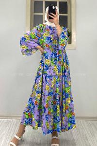 Modalamelif Çiçek Desenli Yaka Bağlamalı Elbise Lila