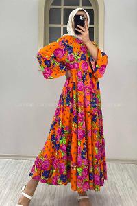 Modalamelif Çiçek Desenli Yaka Bağlamalı Elbise Oranj